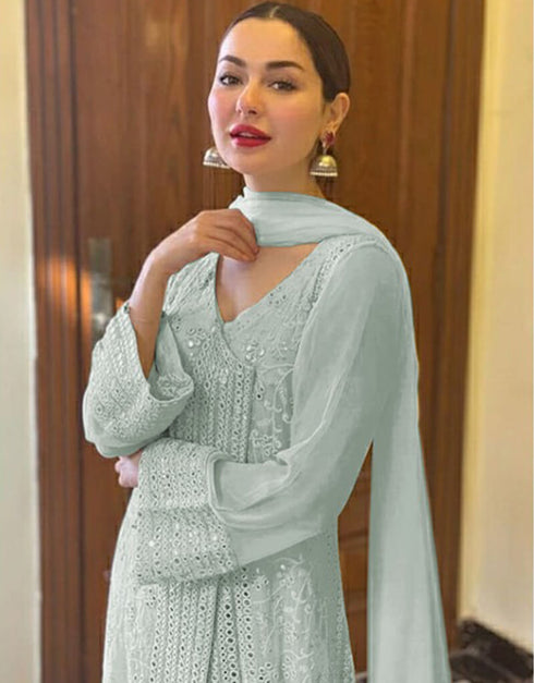 Blue Pant style Suit Faux Georgette Salwar Kameez in Embroidery & Lace Work Closure View