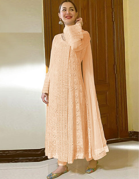 Orange Pant style Suit Faux Georgette Salwar Kameez in Embroidery & Lace Work
