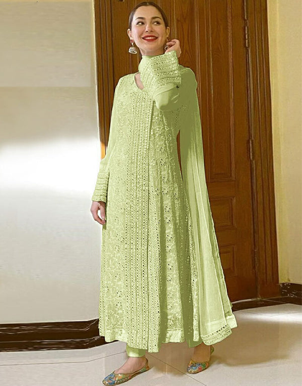 Green Pant style Suit Faux Georgette Salwar Kameez in Embroidery & Lace Work