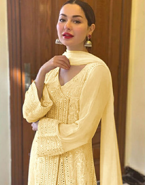 Yellow Pant style Suit Faux Georgette Salwar Kameez in Embroidery & Lace Work Closure View