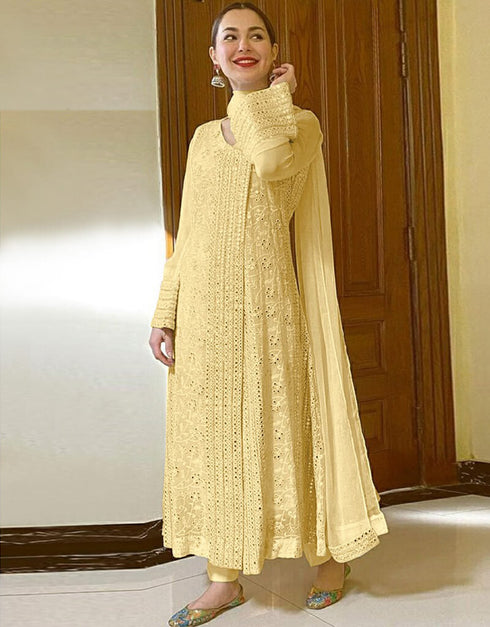 Yellow Pant style Suit Faux Georgette Salwar Kameez in Embroidery & Lace Work