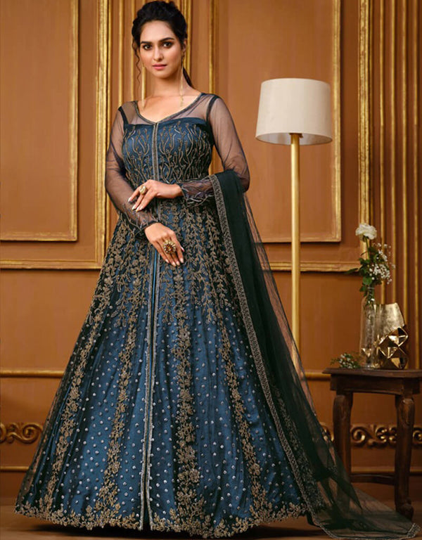 Blue Pant style Suit Butterfly Net Salwar Kameez in Cording Embroidery & Lace Work