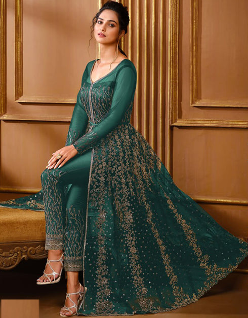 Green Pant style Suit Butterfly Net Salwar Kameez in Cording Embroidery & Lace Work Closure View