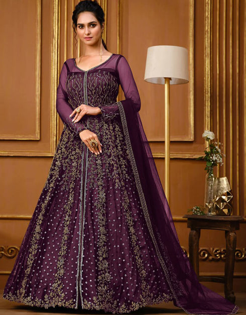 Purple Pant style Suit Butterfly Net Salwar Kameez in Cording Embroidery & Lace Work