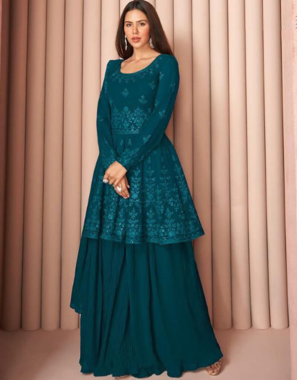 Blue Sharara style Suit Real Georgette Salwar Kameez in Embroidery, Stone & Lace Work