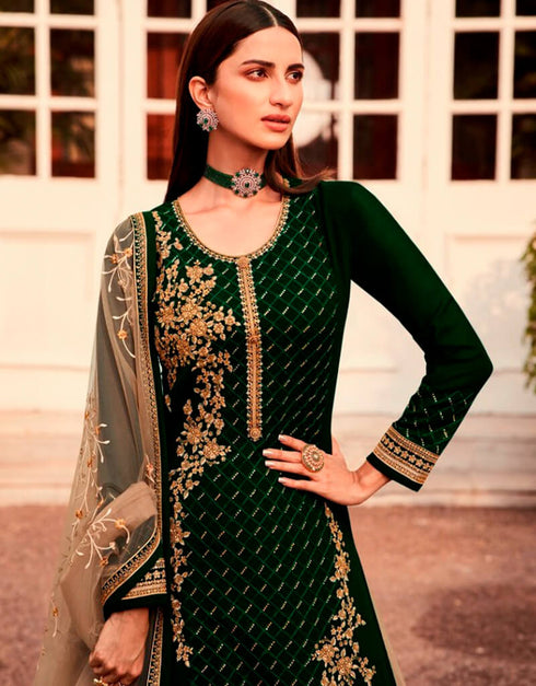 Bottle Green Chudidar style Suit Semi-Stitched Suits Salwar Kameez in Embroidery, Stones & Lace Work Closure View