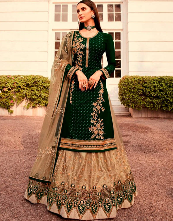 Bottle Green Chudidar style Suit Semi-Stitched Suits Salwar Kameez in Embroidery, Stones & Lace Work