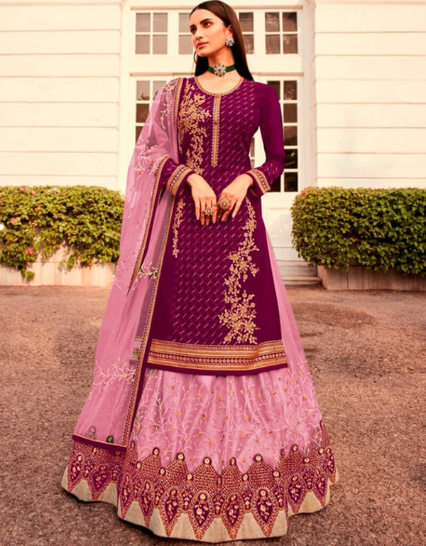 Pink Chudidar style Suit Semi-Stitched Suits Salwar Kameez in Embroidery, Stones & Lace Work