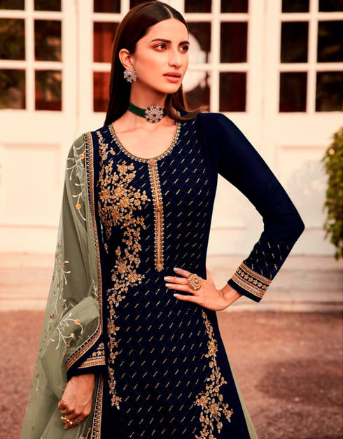 Navy Blue Chudidar style Suit Semi-Stitched Suits Salwar Kameez in Embroidery, Stones & Lace Work Closure View