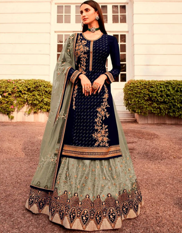 Navy Blue Chudidar style Suit Semi-Stitched Suits Salwar Kameez in Embroidery, Stones & Lace Work