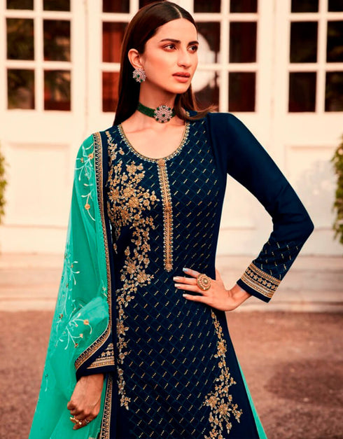 Blue Chudidar style Suit Semi-Stitched Suits Salwar Kameez in Embroidery, Stones & Lace Work Closure View