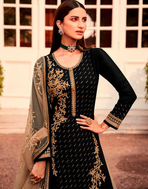 Black Chudidar style Suit Semi-Stitched Suits Salwar Kameez in Embroidery, Stones & Lace Work Closure View