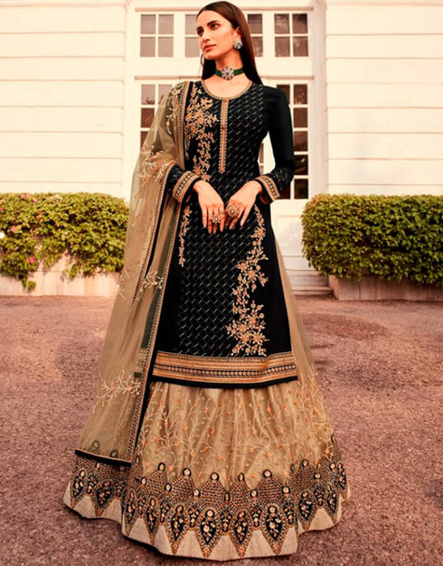 Black Chudidar style Suit Semi-Stitched Suits Salwar Kameez in Embroidery, Stones & Lace Work