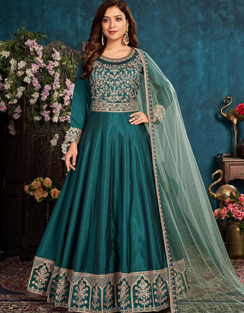 Grey Anarkali style Suits Art Silk Salwar Kameez in Embroidery, Stone & Lace Work