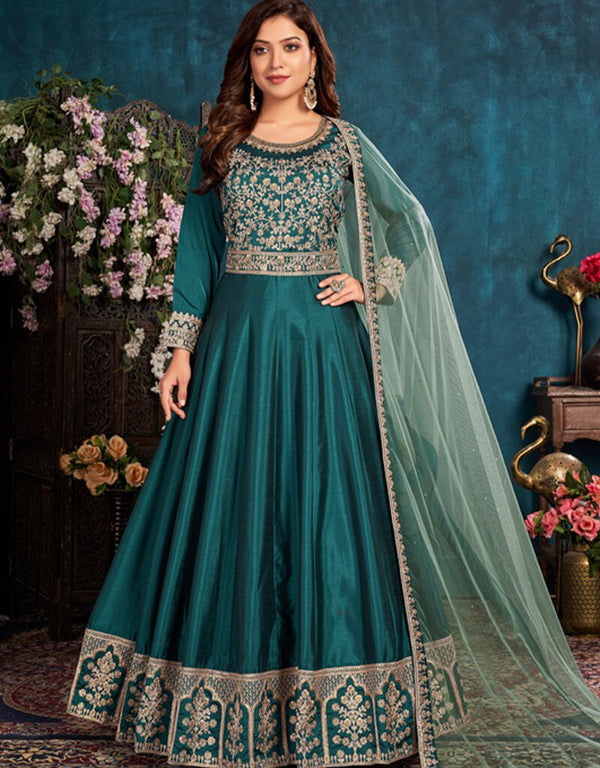 Grey Anarkali style Suits Art Silk Salwar Kameez in Embroidery, Stone & Lace Work