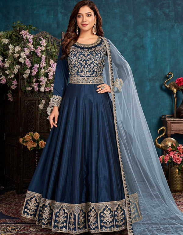 Blue Anarkali style Suits Art Silk Salwar Kameez in Embroidery, Stone & Lace Work