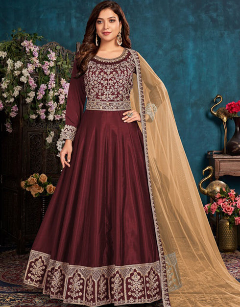 Red Anarkali style Suits Art Silk Salwar Kameez in Embroidery, Stone & Lace Work