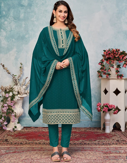 Blue Pant style Suit Faux Georgette Salwar Kameez in Embroidery & Lace Work