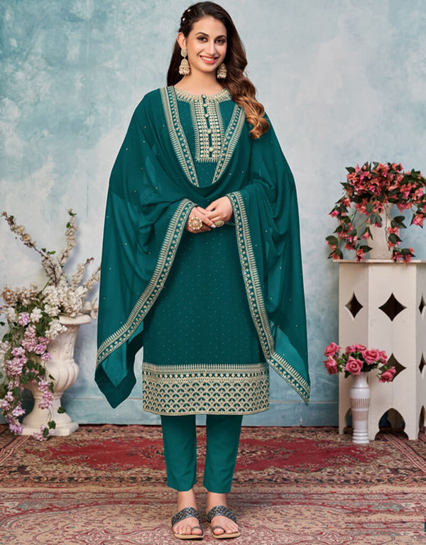 Blue Pant style Suit Faux Georgette Salwar Kameez in Embroidery & Lace Work