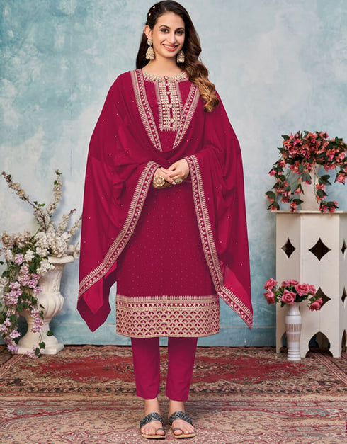 Pink Pant style Suit Faux Georgette Salwar Kameez in Embroidery & Lace Work