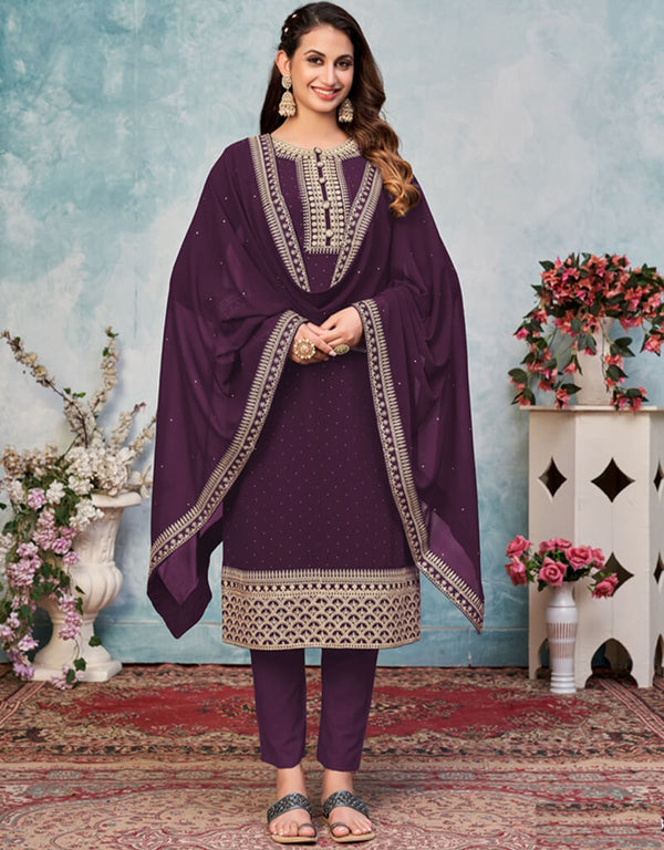 Purple Pant style Suit Faux Georgette Salwar Kameez in Embroidery & Lace Work