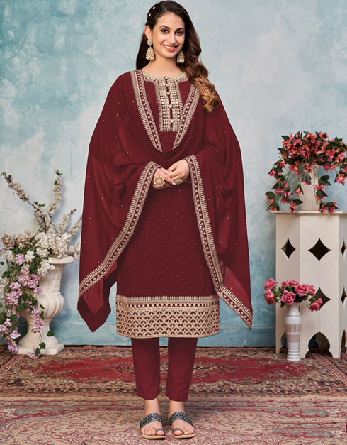 Red Pant style Suit Faux Georgette Salwar Kameez in Embroidery & Lace Work