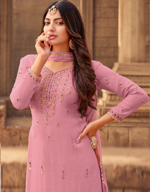 Pink Sharara style Suit Faux Georgette Salwar Kameez in Embroidery, Stone & Lace Work Closure View