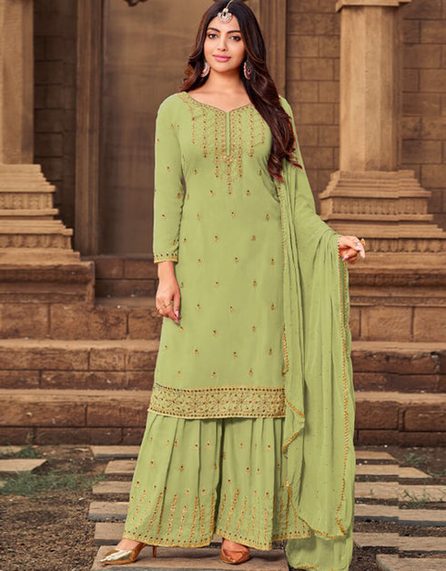 Green Sharara style Suit Faux Georgette Salwar Kameez in Embroidery, Stone & Lace Work