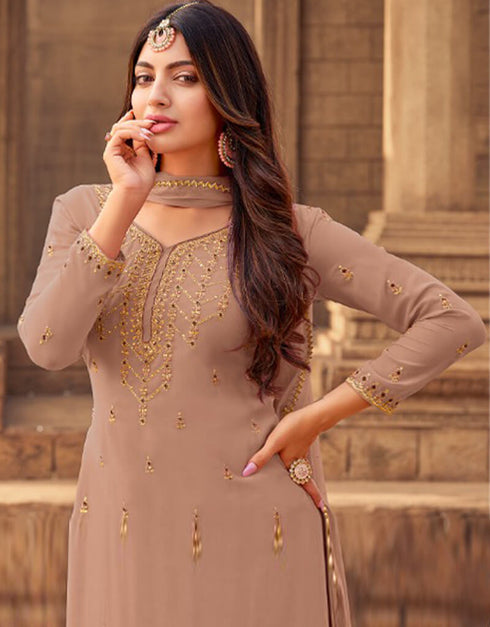 Orange Sharara style Suit Faux Georgette Salwar Kameez in Embroidery, Stone & Lace Work Closure View