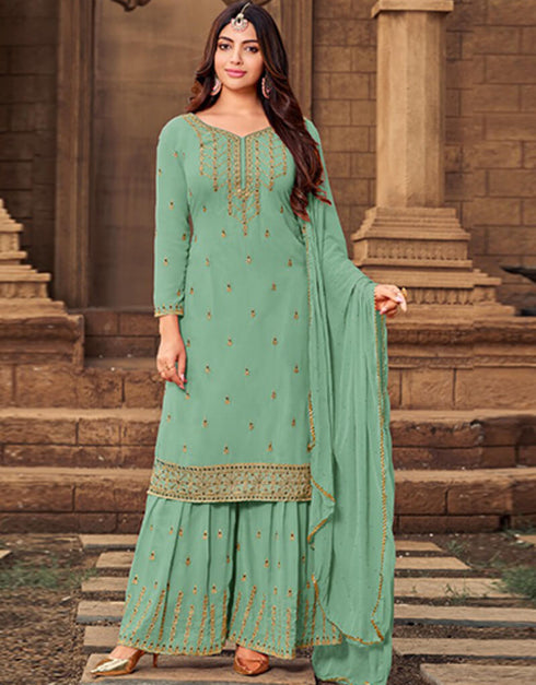 Blue Sharara style Suit Faux Georgette Salwar Kameez in Embroidery, Stone & Lace Work