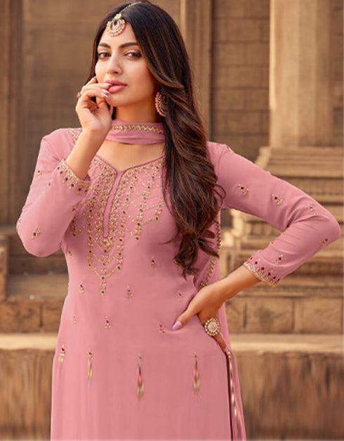 Rose Pink Sharara style Suit Faux Georgette Salwar Kameez in Embroidery, Stone & Lace Work Closure View