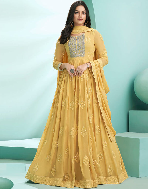 Yellow N/A style Suit Faux Georgette Salwar Kameez in Embroidery, Stone & Lace Work