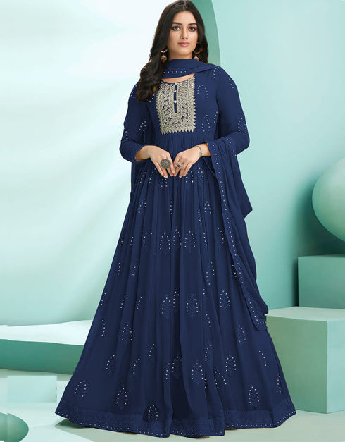 Blue N/A style Suit Faux Georgette Salwar Kameez in Embroidery, Stone & Lace Work