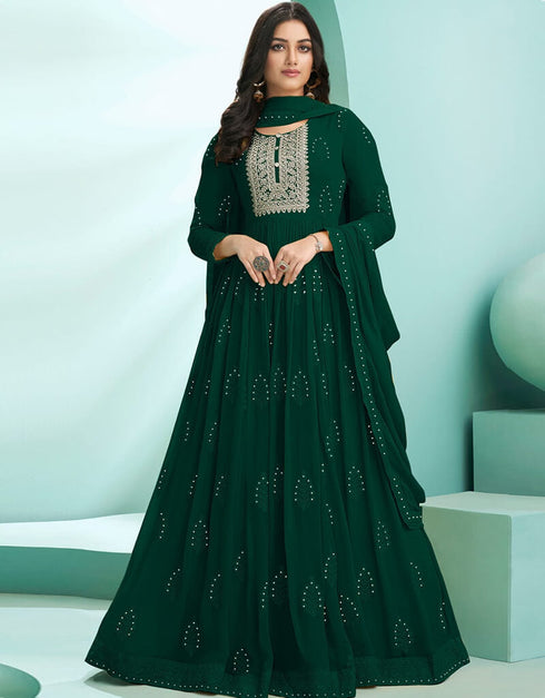 Bottle Green N/A style Suit Faux Georgette Salwar Kameez in Embroidery, Stone & Lace Work