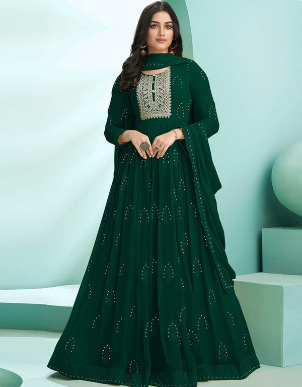 Bottle Green N/A style Suit Faux Georgette Salwar Kameez in Embroidery, Stone & Lace Work