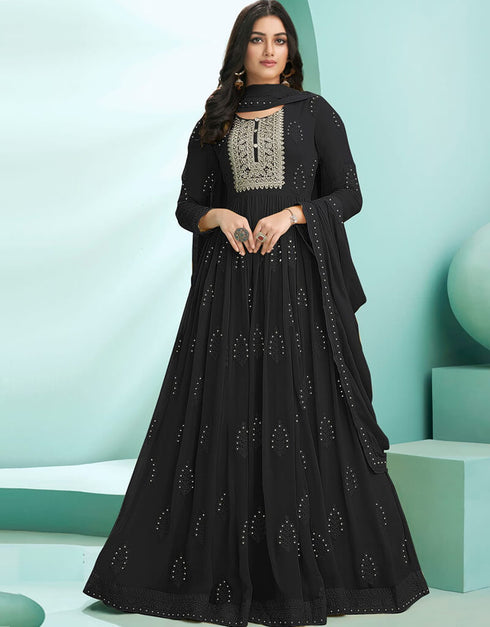 Black N/A style Suit Faux Georgette Salwar Kameez in Embroidery, Stone & Lace Work