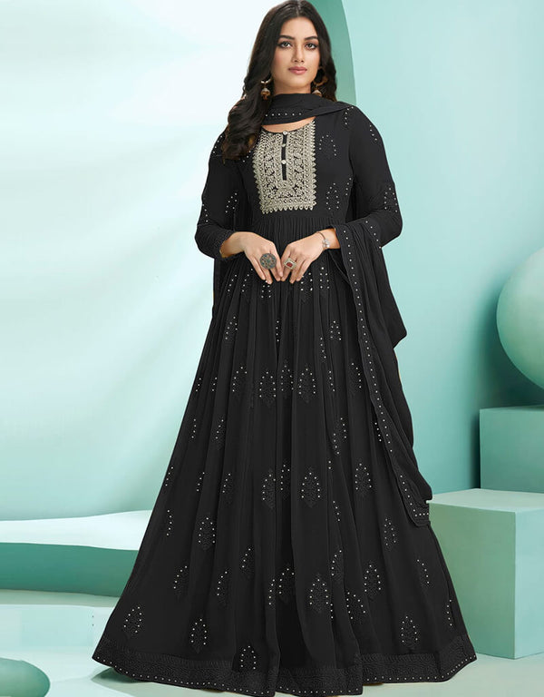 Black N/A style Suit Faux Georgette Salwar Kameez in Embroidery, Stone & Lace Work