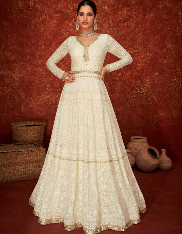 White Pant style Suit Real Georgette Salwar Kameez in Embroidery, Stone & Lace Work