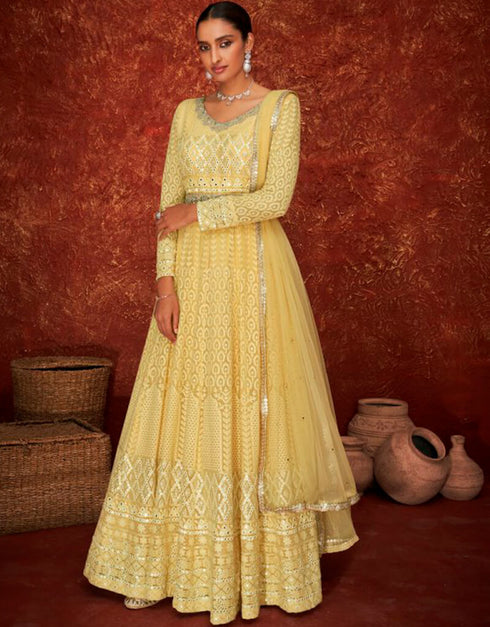 Yellow Pant style Suit Real Georgette Salwar Kameez in Embroidery, Stone & Lace Work