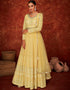 Yellow Pant style Suit Real Georgette Salwar Kameez in Embroidery, Stone & Lace Work