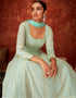 Sky Blue Pant style Suit Real Georgette Salwar Kameez in Embroidery, Stone & Lace Work Closure View