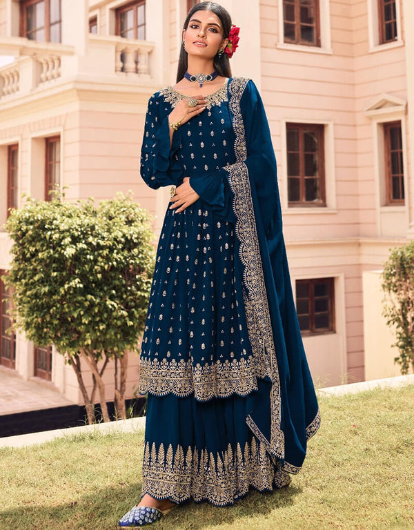Navy Blue Sharara style Suit Georgette Salwar Kameez in Embroidery, Sequins, Stone & Lace Work