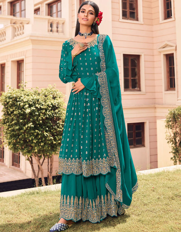 Skky Blue Sharara style Suit Georgette Salwar Kameez in Embroidery, Sequins, Stone & Lace Work