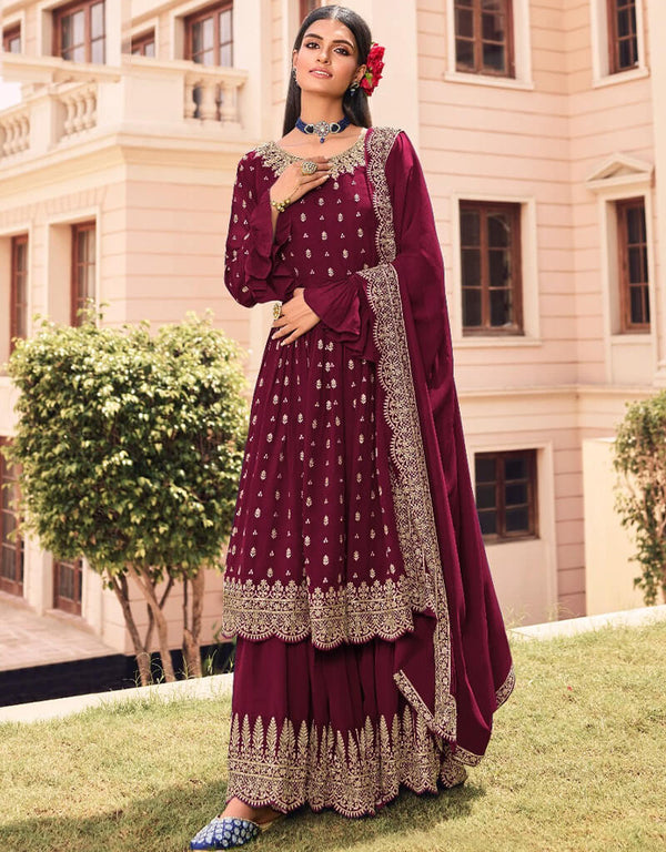 Maroon Sharara style Suit Georgette Salwar Kameez in Embroidery, Sequins, Stone & Lace Work