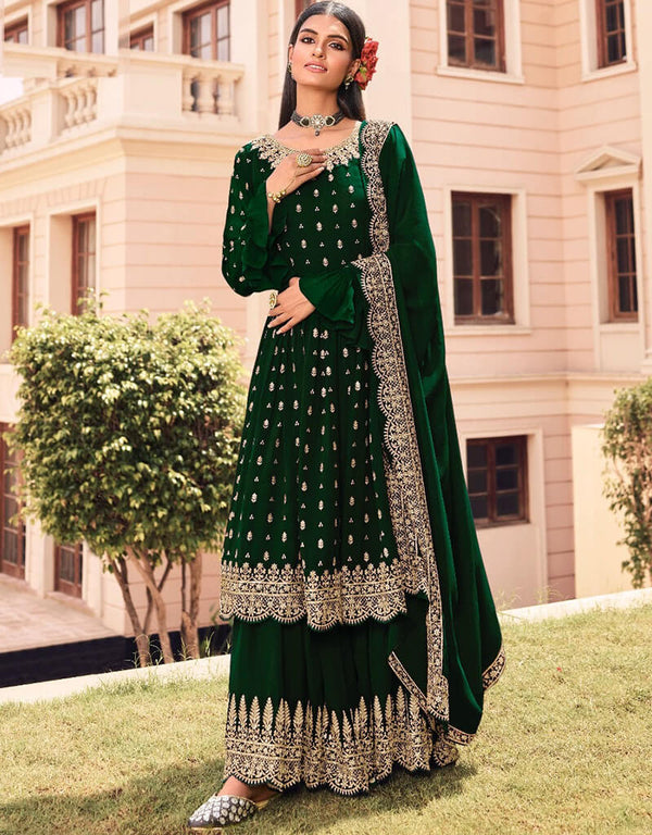 Bottle Green Sharara style Suit Georgette Salwar Kameez in Embroidery, Sequins, Stone & Lace Work