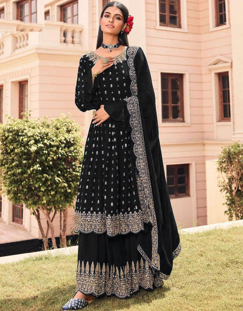 Black Sharara style Suit Georgette Salwar Kameez in Embroidery, Sequins, Stone & Lace Work