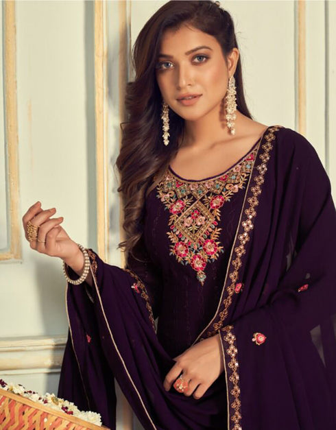 Purple Palazzo style Suit Faux Georgette Salwar Kameez in Embroidery, Sequins & Lace Work Closure View