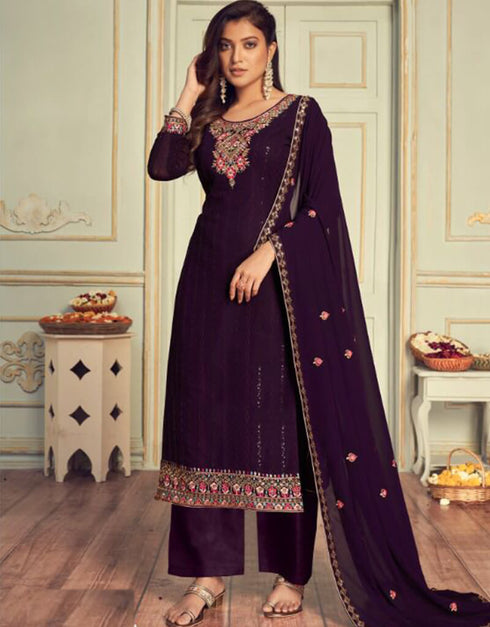 Purple Palazzo style Suit Faux Georgette Salwar Kameez in Embroidery, Sequins & Lace Work