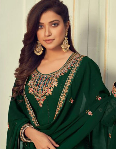 Green Palazzo style Suit Faux Georgette Salwar Kameez in Embroidery, Sequins & Lace Work Closure View