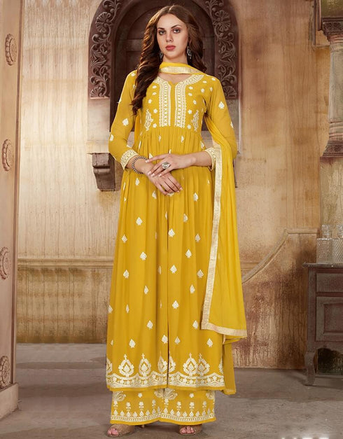 Yellow Palazzo style Suit Faux Georgette Salwar Kameez in Sequins Embroidery & Lace Work Closure View